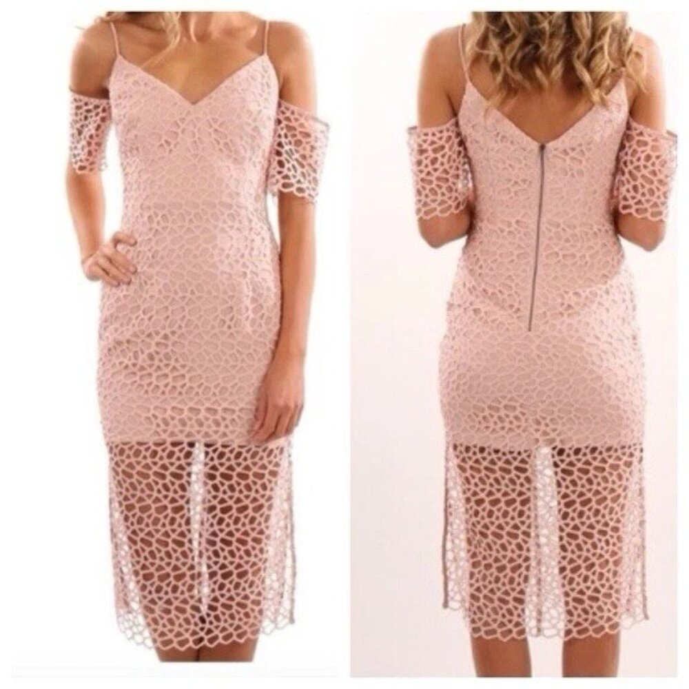Keepsake NWT XS Blush Pink Lace Eyelet Midi‎ Pencil Dress Cocktail Occasion